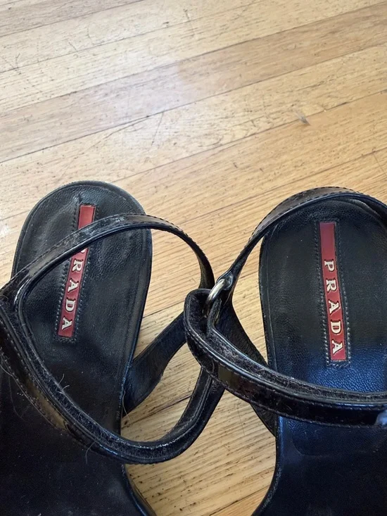 Prada Black Patent Leather Bow Ankle-Strap Sandals - Picture 2 of 5